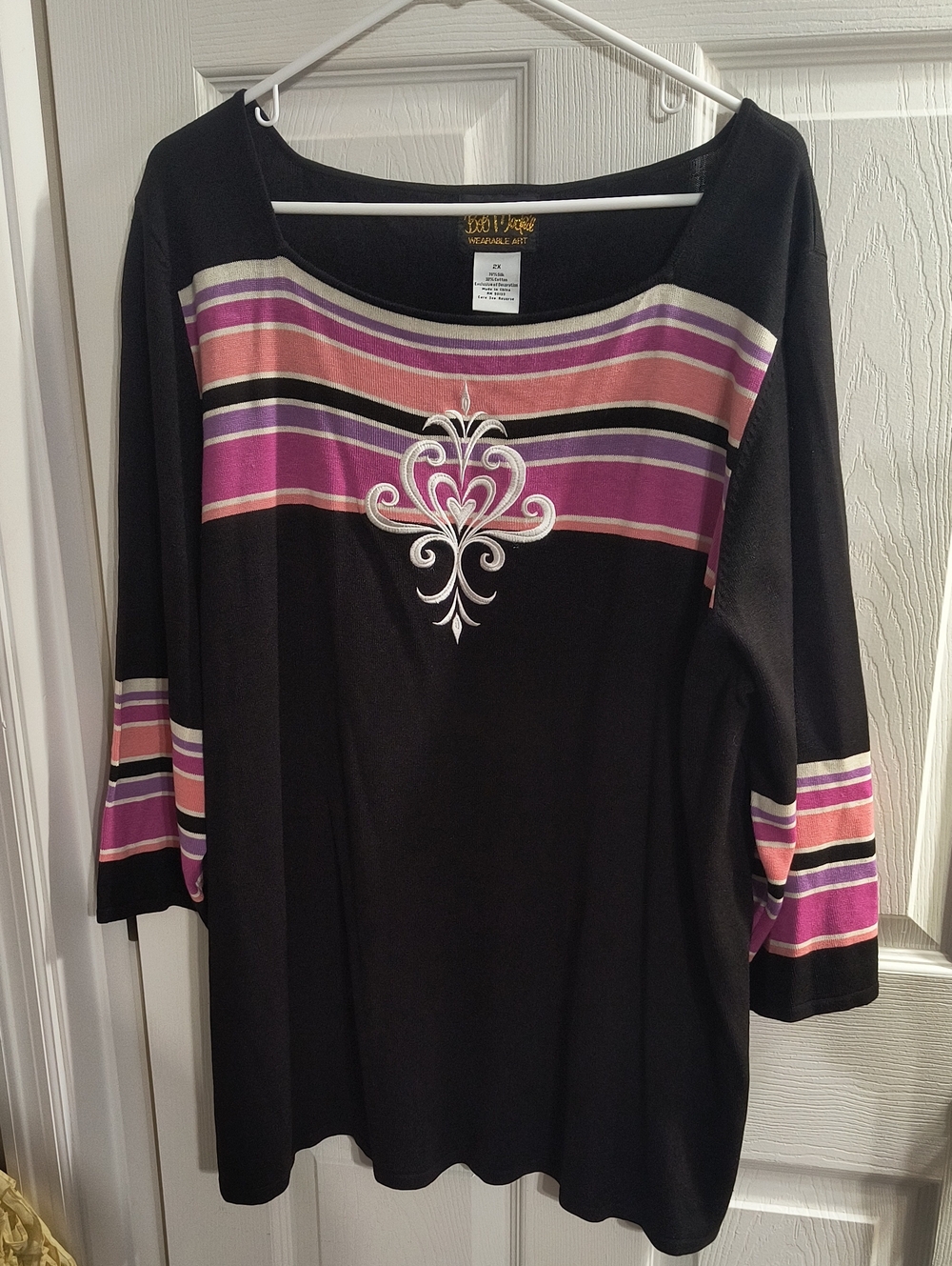NEW Bob Mackie Black Scoop Neck Top with Pink and Purple Stripes